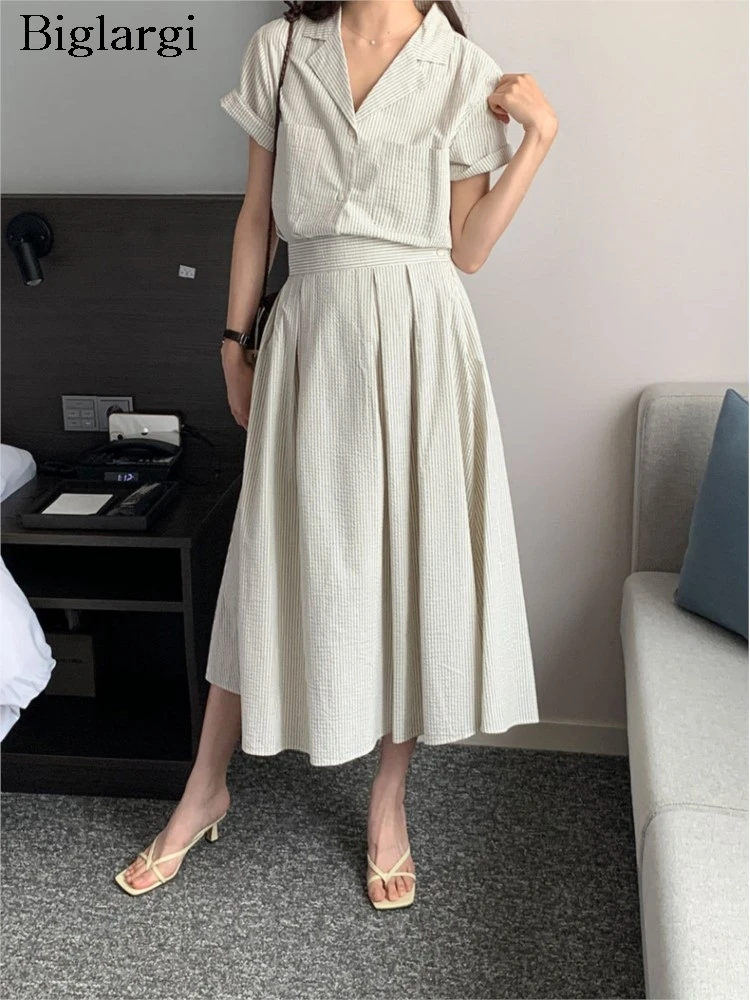 

Summer Striped Print 2 Two Piece Set Women Short Sleeve Casual Modis Ladies Shirts Tops Ruffle Loose Korean Woman A-Line Skirts