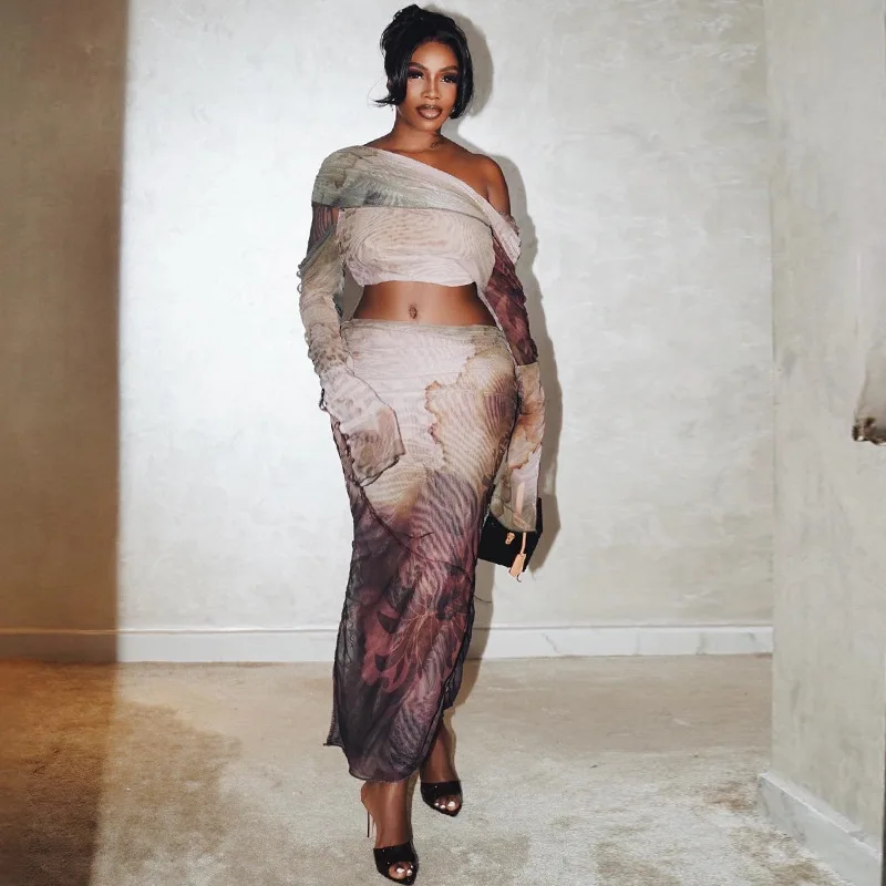 

Fashionable Ins Style Printed Skirt Set Sexy Long Sleeve Drawstring Top Half Skirt Women's Two-Piece Set