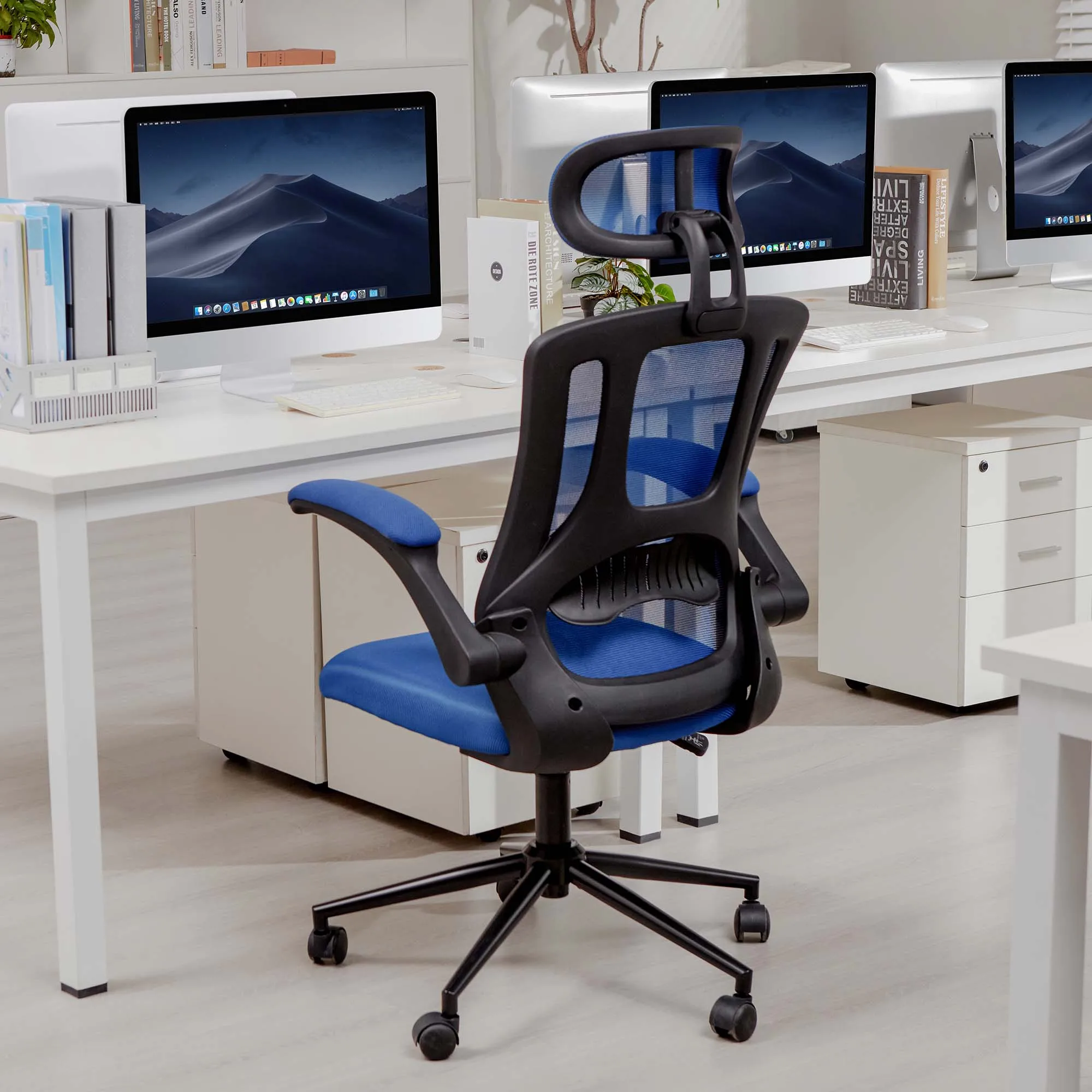 Chaise de Bureau Ergonomique, Grande et Grande Capacité de 350 Livres, avec Maille Réglable, Dossier Haut, Support Lombaire, Bleu