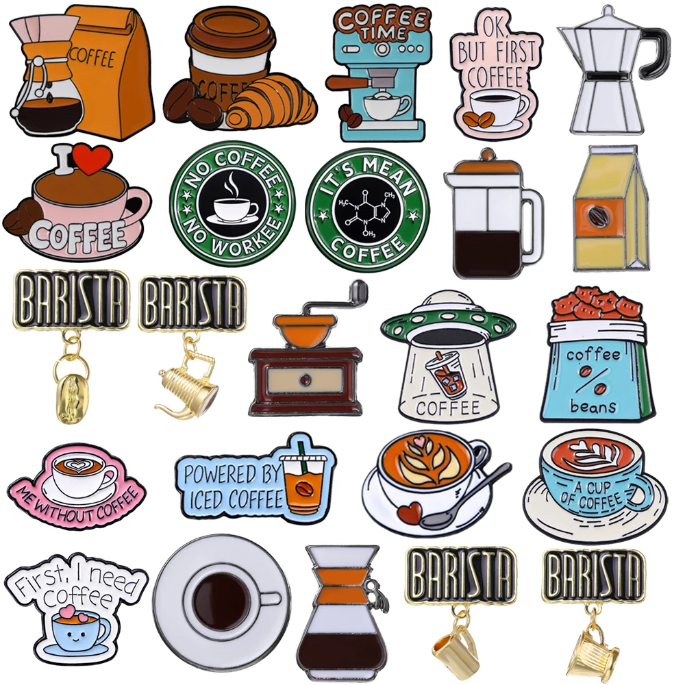Cartoon Coffee Enamel Brooch Lapel Pin Bean Coffee Machine Croissant Cup Molecular Spaceship Barista Need Coffee Badge Jewelry