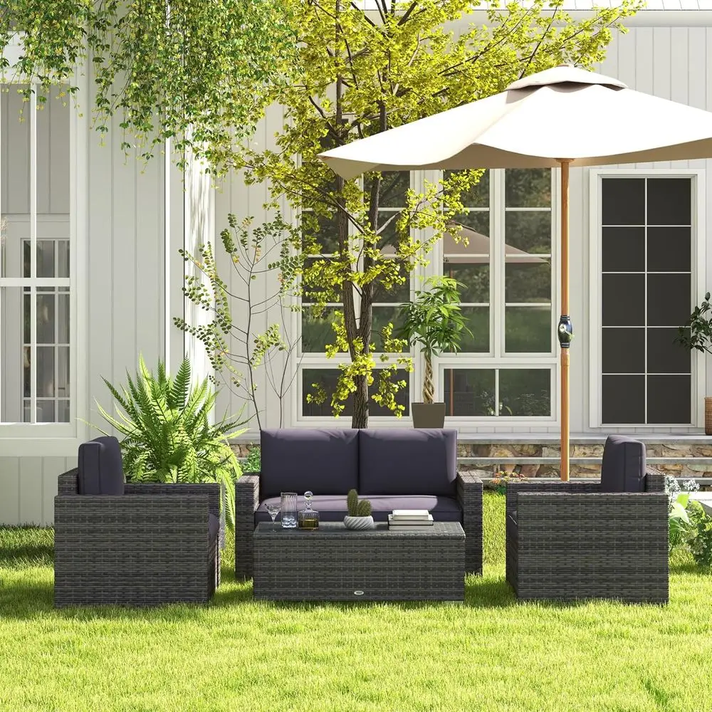 

Gray 4-Piece Outdoor Wicker Patio Furniture Set with Cushions, Sectional Sofa, Loveseat, and Glass Coffee Table