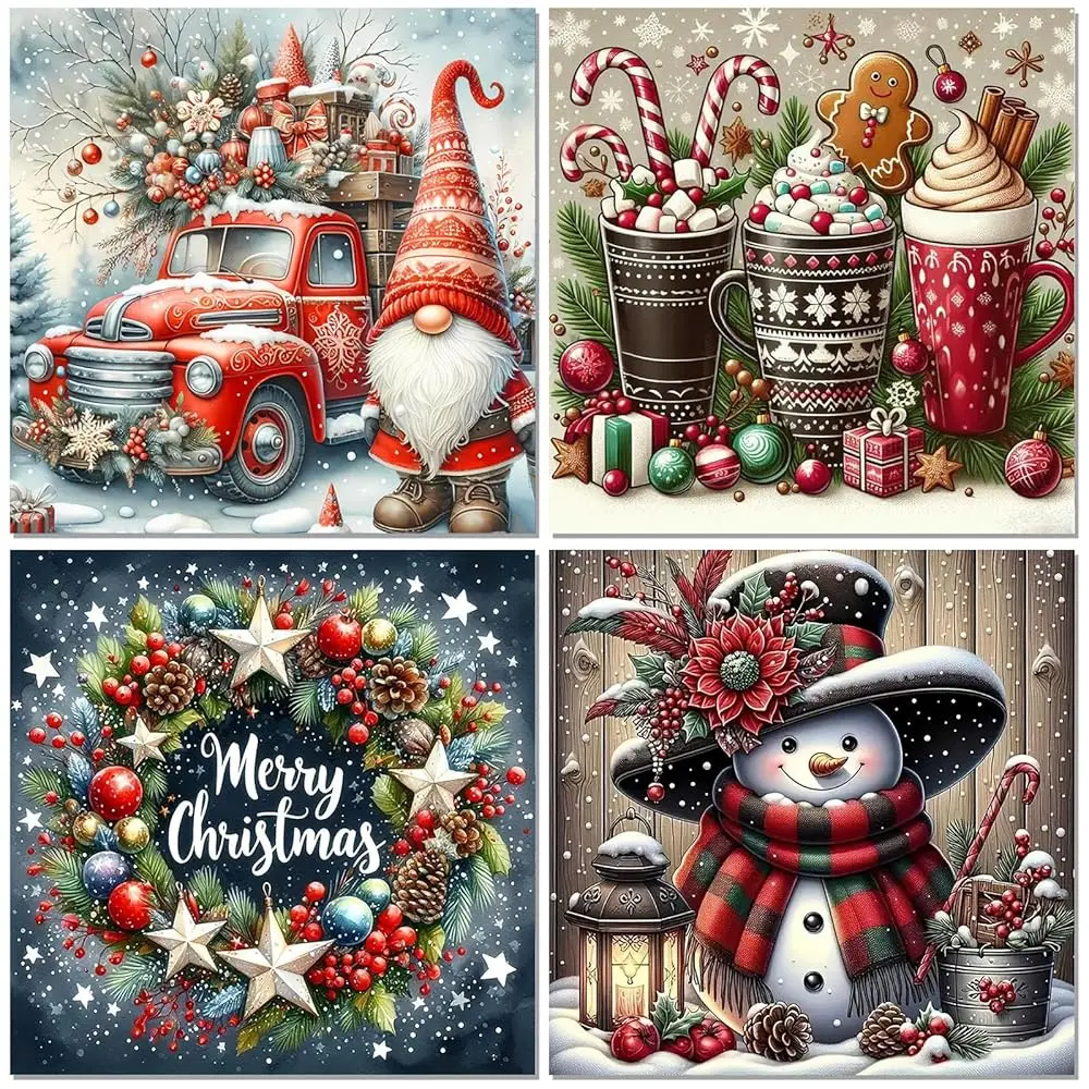 

4 Pack Christmas Diamond Painting Kits for Adults, Snowman, Gnome, Merry Christmas Wreath, Gingerbread Cup Diamond Art Kits