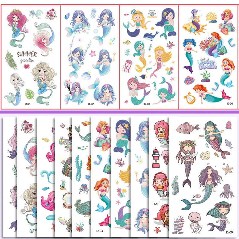 10 Pcs/Set Mermaid Tattoo Stickers for Children Temporary Tattoo Kids Face Body Arm Cute Tattoo Sticker