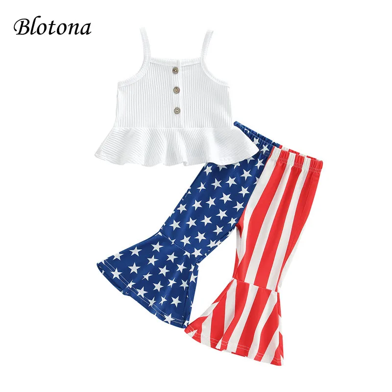 Blotona Kids Girls Independence Day Set, Solid Color Button A-Line Sleeveless Camisole+Stars Stripe Print Flared Trousers, 9M-4Y