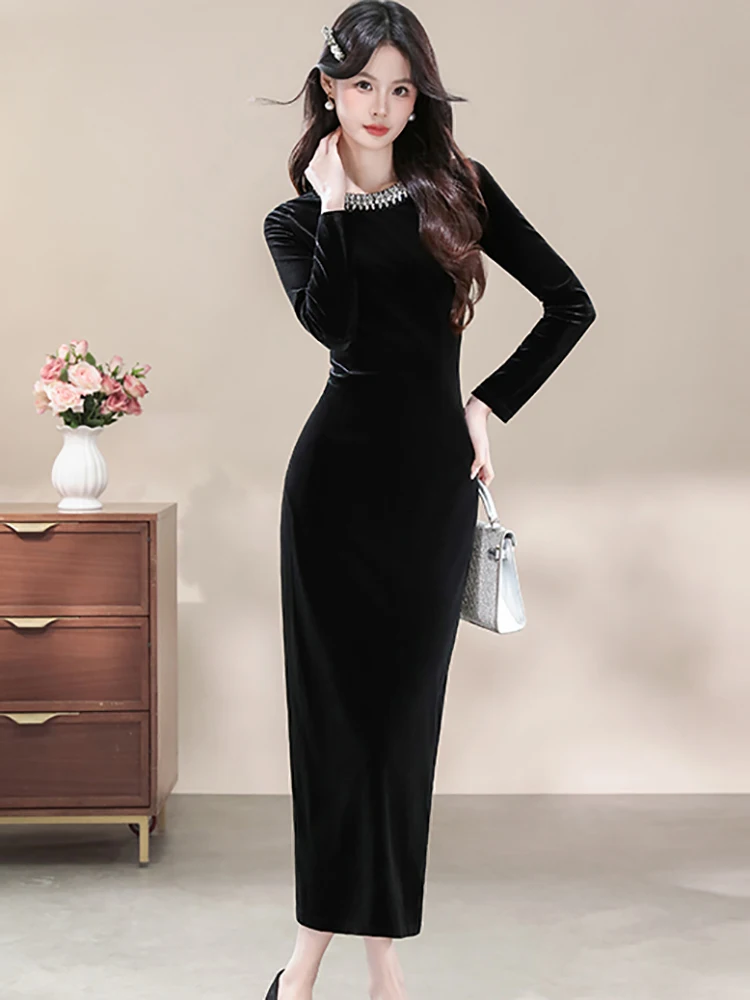 Damska Sukienka Vintage w Stylu Hepburn, Luksusowa, Długa, Jesienno-Zimowa, Czarna, Aksamitna, z Diamentami, Stójka, Sukienka Bodycon Elegancka w Stylu Koreańskim, Kolekcja 2025