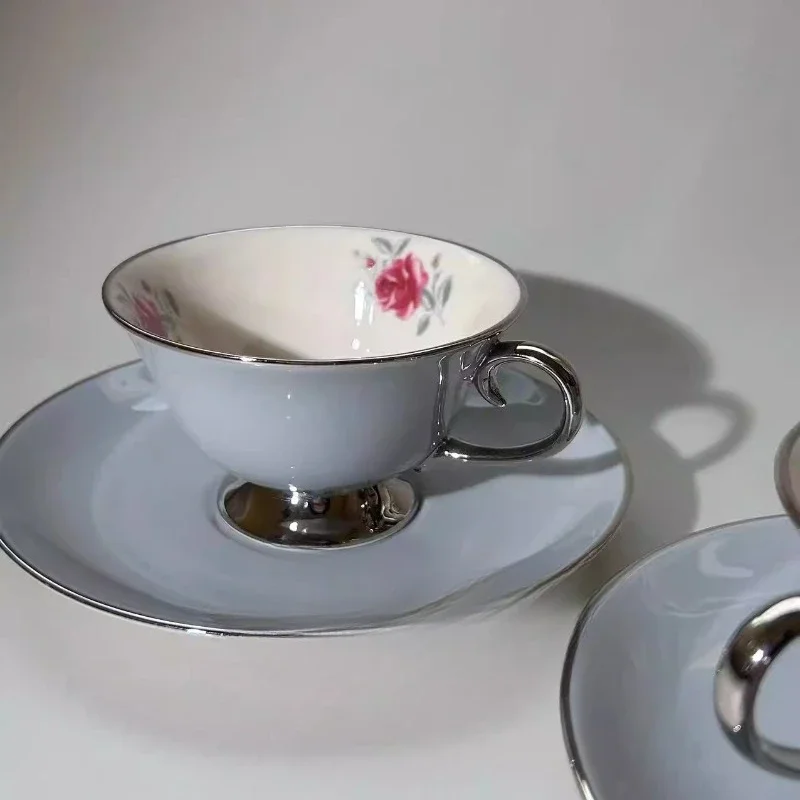 American European-style gray ceramic, pattern medieval coffee cup saucer tea cup