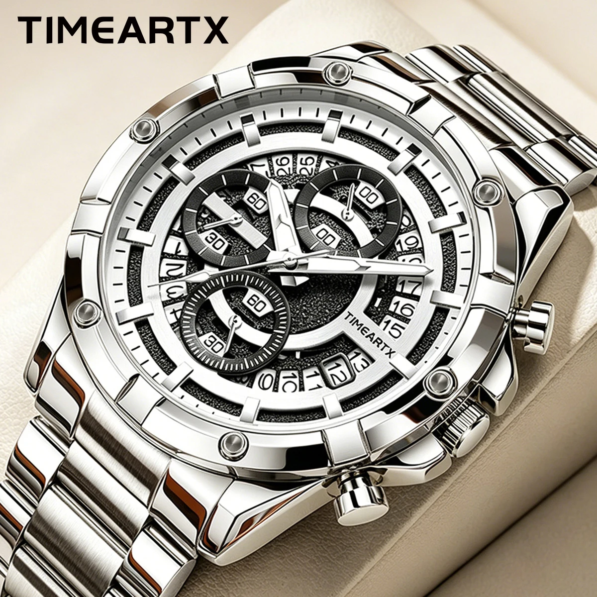 

TIMEARTX Quality Fashion Stainless Steel Waterproof Man Wristwatch Steel Band Digital Scale Three Eye Quartz Watch
