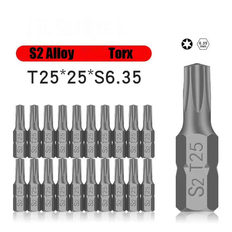 Torx Chave De Fenda Bit Set, Hex Shank, High Torque, 6 Ponto Estrela Cabeça, Não Magnético, Sem Buraco, 25mm Comprimento, 1/4 \