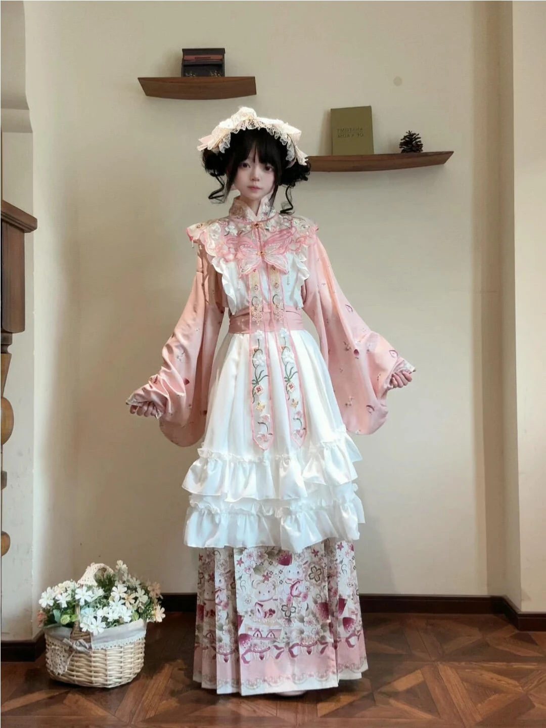 Pink Ming Dynasty Embroidered Hanfu Women's Lolita Skirt Cloud Shoulder  Face Skirt Cute Autumn Fashion Traditional Chin...