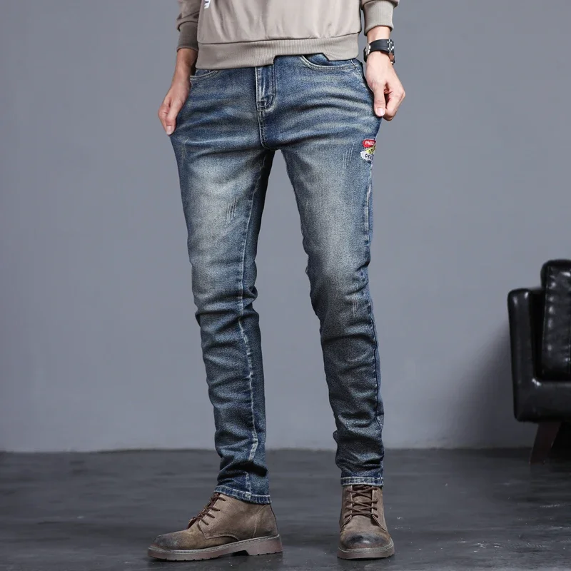 New Men's Vintage Jeans Korean Fashion Slim Little Feet Embroidered Trousers Stretch Male Streetwear Denim Pants