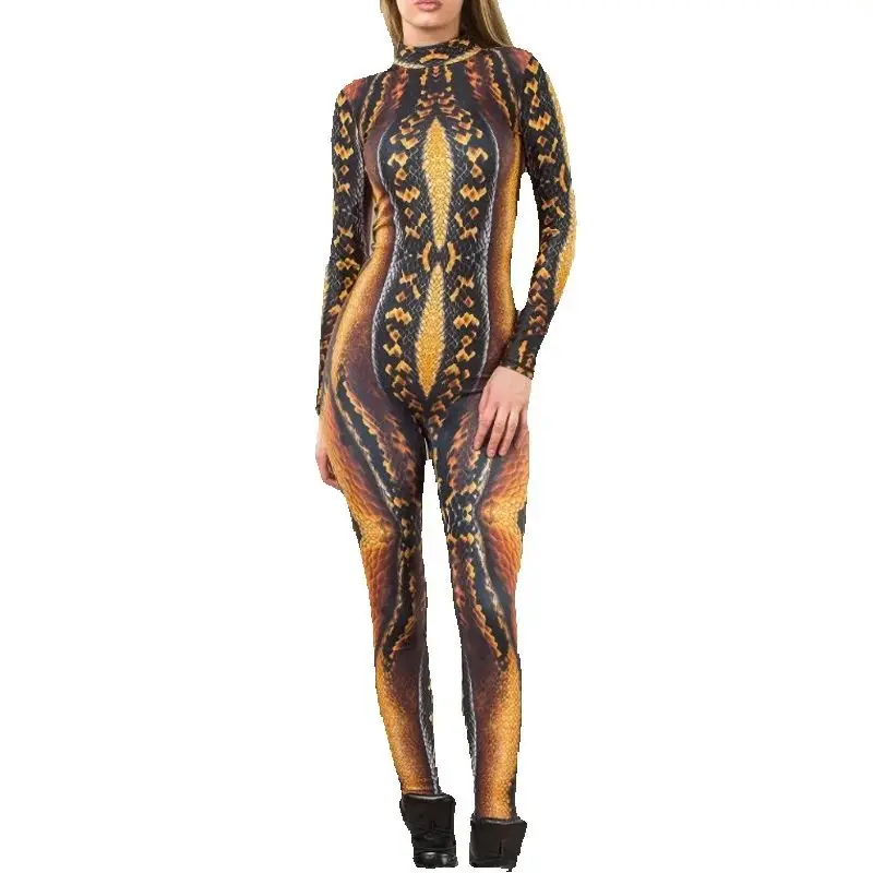 

Women Sexy Snake Skin Print Cosplay Jumpsuit Halloween Punk Zentai Suit Holiday Party Rave Gothic Perfermence Bodysuit 2025