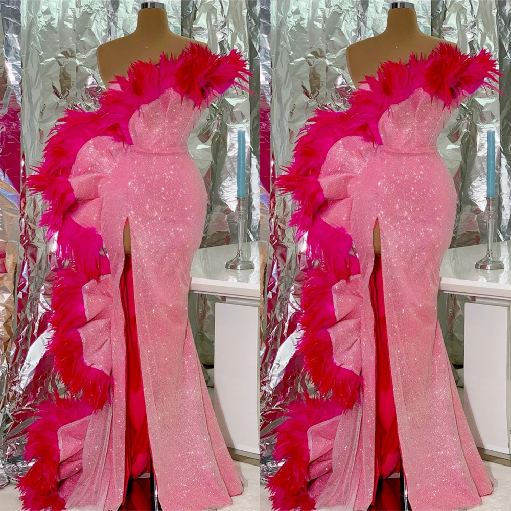 

Pink Glitter Prom Dress One Shoulder Sequin Evening Dress to Floor Length Feather Party Banquet Dress customized