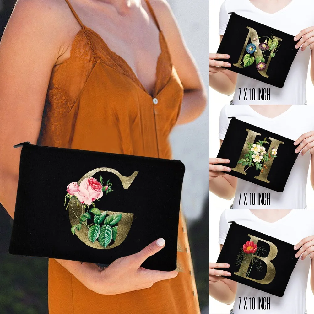 

Makeup Organizer Bags Canvas Cosmetic Case Pouch Gifts for Bridesmaid Clutch Golden Flower Letter Pattern Beauty Washing Bag