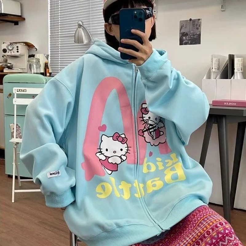 سترة بغطاء للرأس كبيرة الحجم برسوم كارتونية من القطن الخالص لعام 100% سترة نسائية للخريف والشتاء سترات نسائية فضفاضة على طراز الكلية Kpop