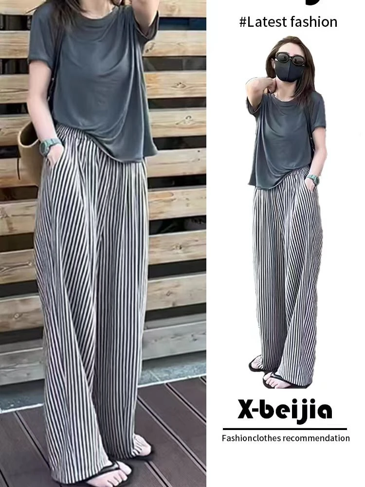 

Salt Series Casual Set Women's Summer New Loose Luxury Anti-Aging Short Sleeve Striped Pants Two-Piece Set Comfortable Breath...