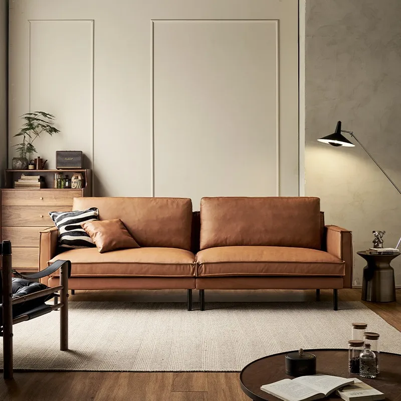 

Retro oil wax leather sofa first layer cowhide small apartment living room three people Nordic modern simplicity American minima