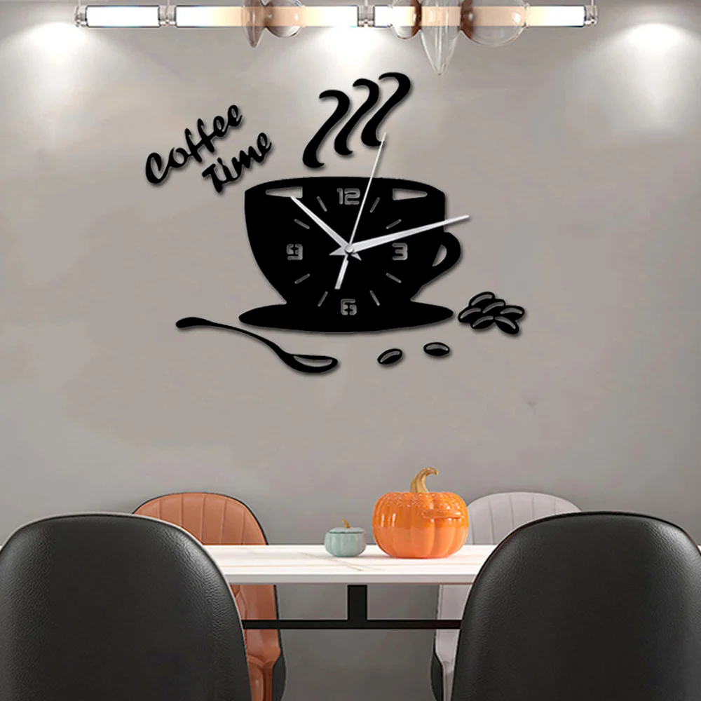 Creative Coffee Cup Wall Clock Sticker Modern Design 3D Mirror Home Decoration Accessories Living Room Background Wall Decor