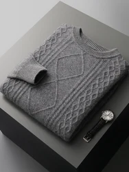 ADDONEE-suéter de cachemira con cuello redondo para hombre, suéter grueso, suave y cómodo, Tops de punto de Cachemira 100%, flor retorcida, diamante, Otoño e Invierno