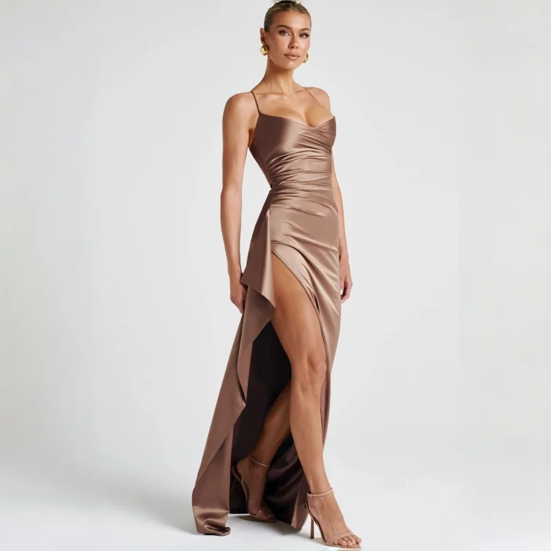 

Smooth Satin Evening Dresses High Slit Formal Evening Gowns Back Lace Up Prom Dress Long Women's Casual Dresses For Wedding Gala