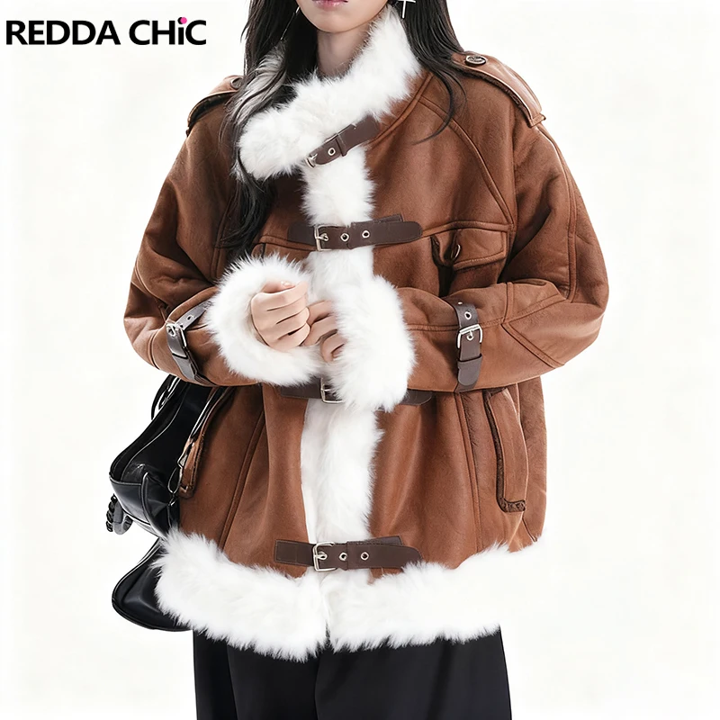 

ReddaChic Brown Retro Fleece Lined Suede Leather Jacket Women Punk Motorcycle Buckle Belt Fuzzy Faux Fur Coat Winter Outerwear