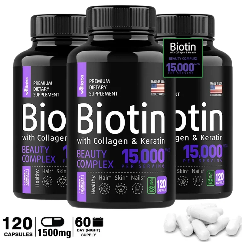 Biotin + Collagen + Keratin Dietary Supplement 15,000 mcg Hair Skin Nail Whitening Support