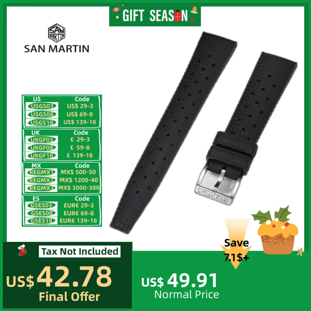 San Martin 20mm 2 Piece Tropical Fluorine Rubber Strap Tropic FKM Watchband Straight End Logo Steel Pin Buckle ремешок SF0010