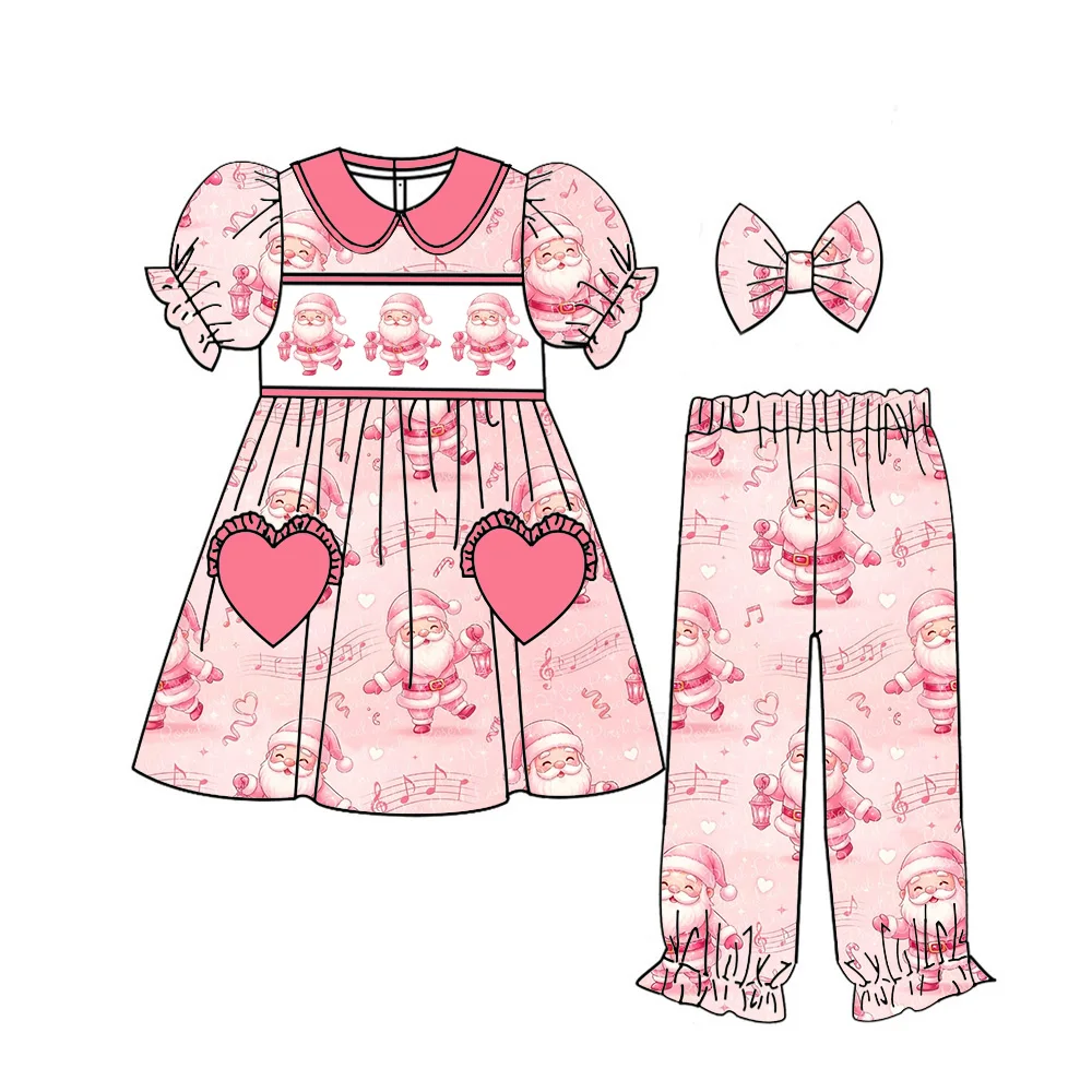 Christmas Boutique Girl's Set Collared Puff-Sleeved Top Paired with Trousers Santa Claus Snowman Mouse and Cup Print Love Pocket