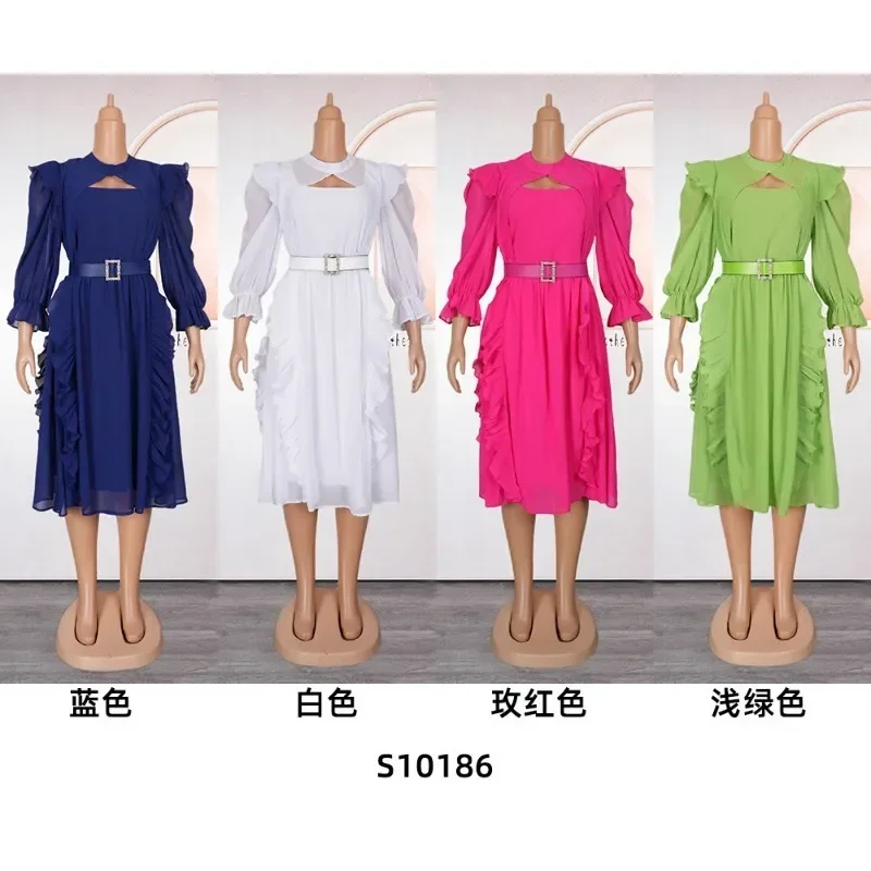 Maßgeschneiderte Frauen Chiffon Kirche Event Kleid Lange Ärmel Rüschen Plissee Mit Taille Gürtel Elegante Afrikanische Weibliche Formale Feiern