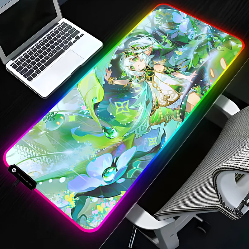 RGB LED Mouse Pad G-genshin Impact Nahida HD Pattern Gaming Mats Rubber Mousepad PC Accessories Extended Pad Non Slip Desk Mat