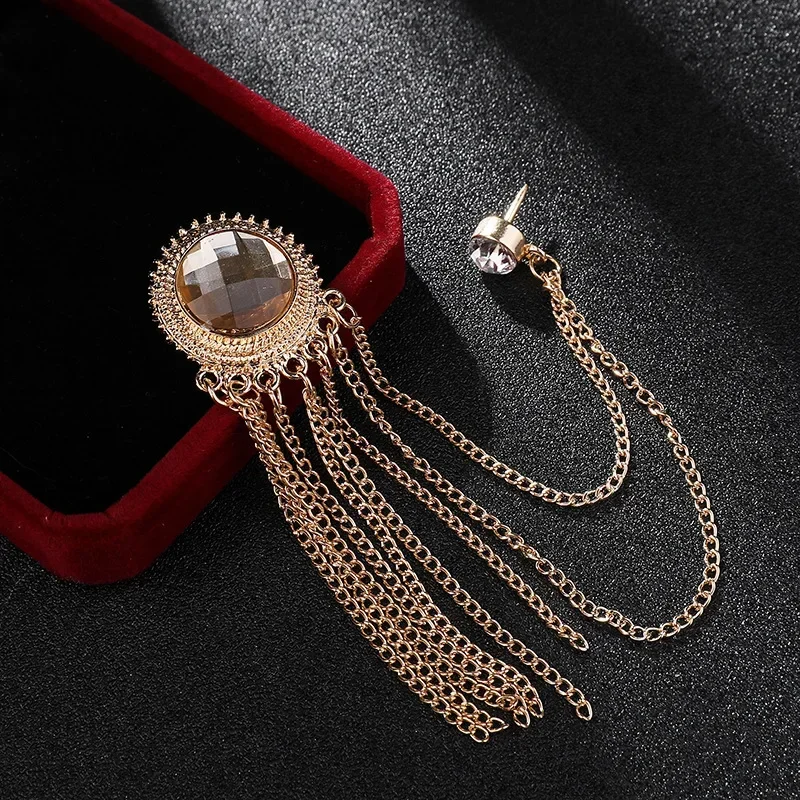 Metall-Strass-Kristall-Brosche-Set – Herren-Anstecknadel mit Hemdkragen und schwarzer Quaste, luxuriöse Corsage-Broschen, Schmuckzubehör – Detail 13