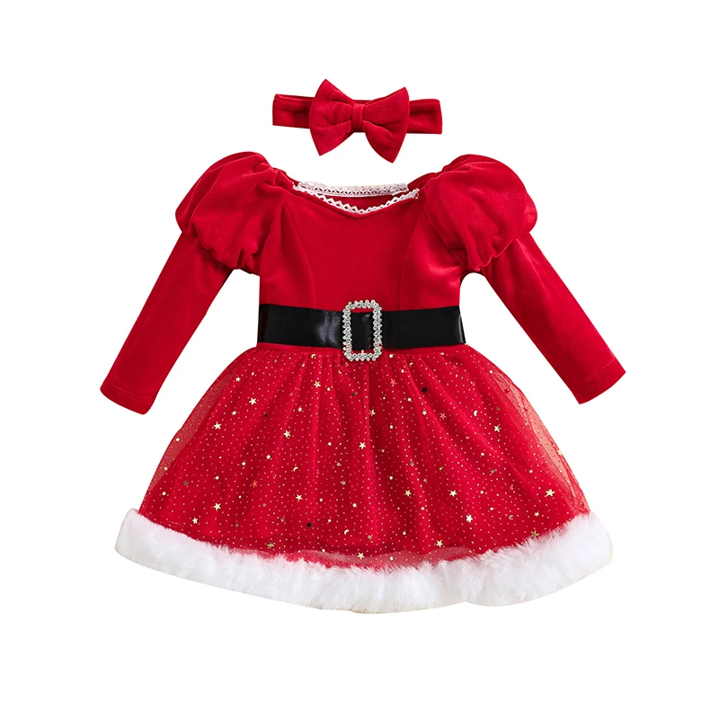 Sweety Kids Girl Christmas Dressse Outfit Long Sleeve Stars Patchwork Dress with Bow Headband for Cosplay Party Xmas Clothing