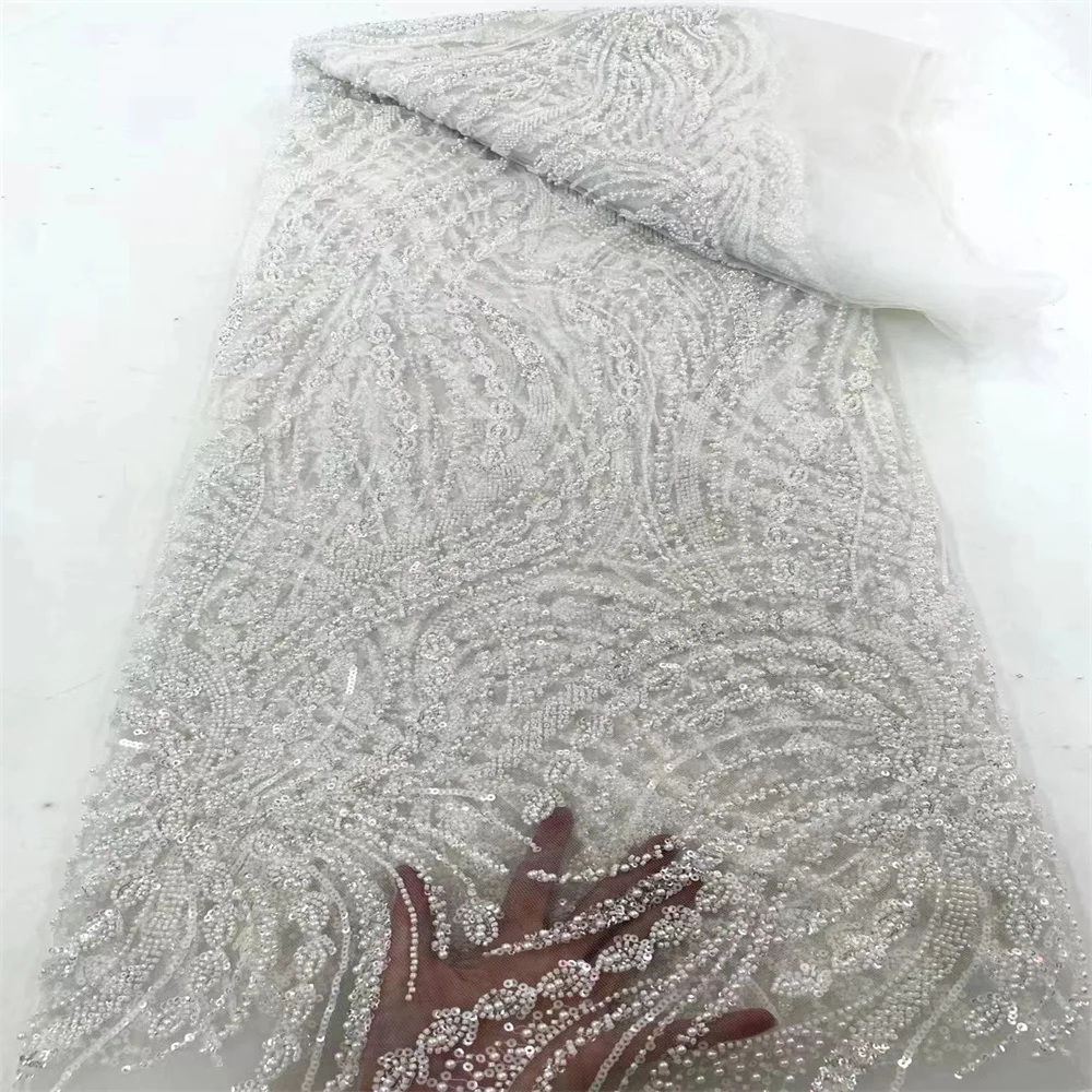 

Latest High-end Heavy Beaded Lace Fabric White African Sequins Tulle Net Laces Fabric Embroidery Laces For Sewing Wedding WS3250