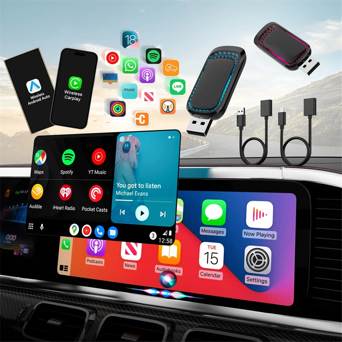 COTS-tWireless Carplay Adapter and Android Auto Wireless Adapter with Ambient Light, CarPlay Adapter for IOS 10+ & Android