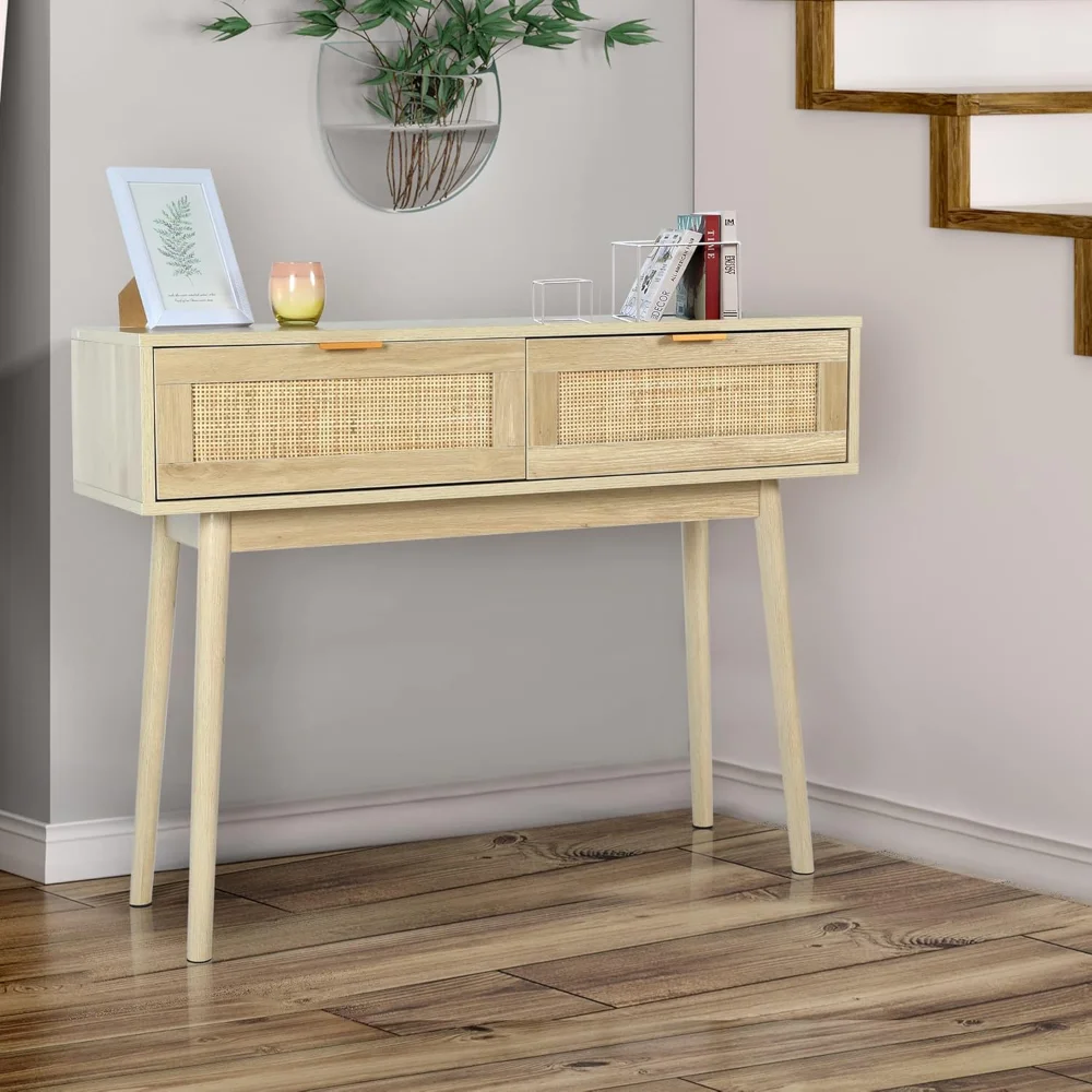 

Console Table Rattan Desk with Drawers, Oak Narrow Sofa Table with Pine Leg, Modern Small Entryway Table for Hallway
