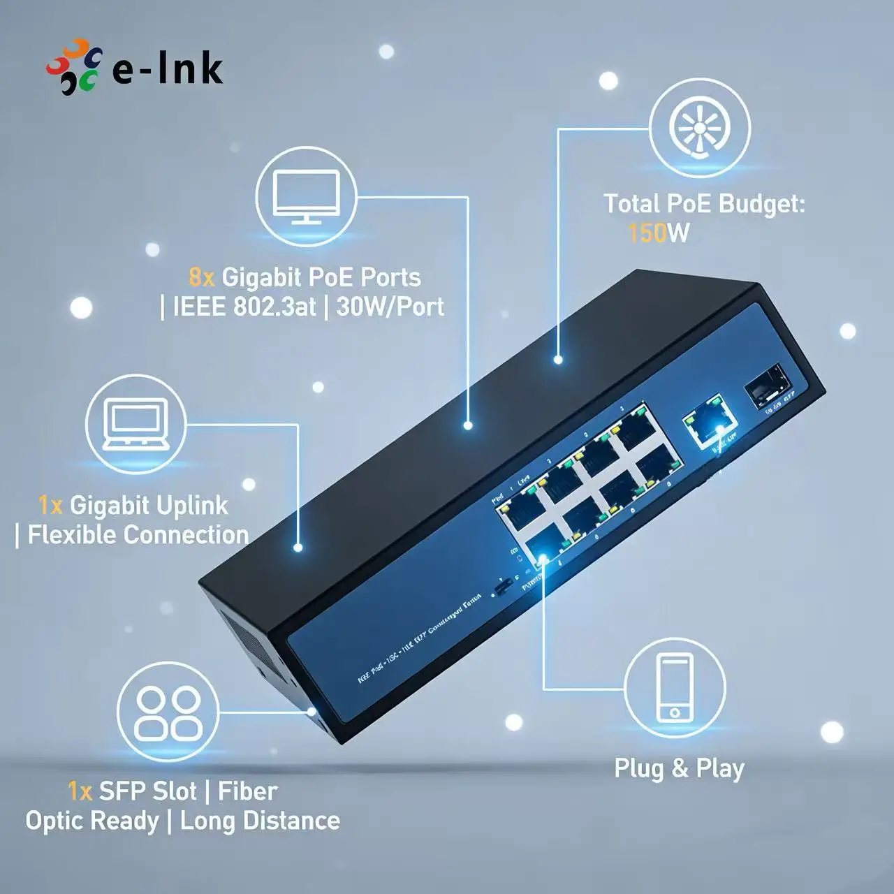 

8-портовый 10/100/1000T 802.3at PoE + 1-портовый Ethernet Uplink + 1-портовый коммутатор Gigabit SFP Ethernet