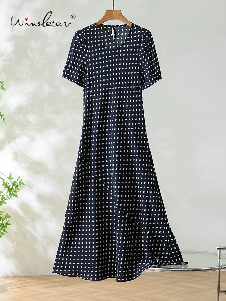 

Winsleter-Women 100%Real Silk Elegant Dress, O Neck Short Sleeve Dot Print, French Retro Casual Dresses, 2025 Summer D57465CC