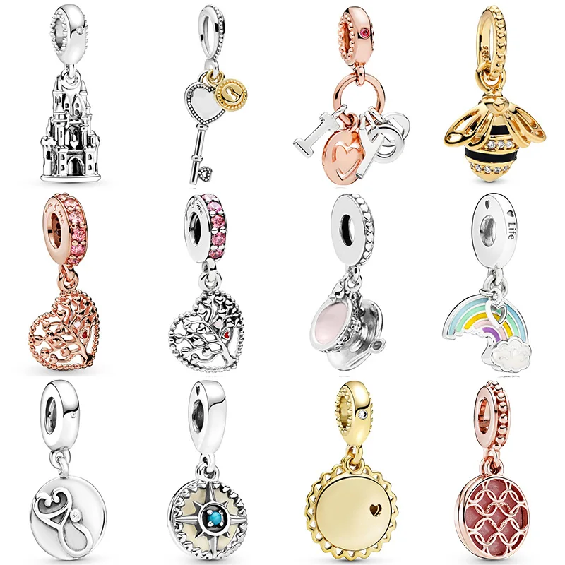 925 Sterling srebrne dla zakochanych drzewo z sercem zamek Rainbow Crystal zwisające koraliki Fit oryginalny Pandora Charms bransoletki kobiety DIY biżuteria