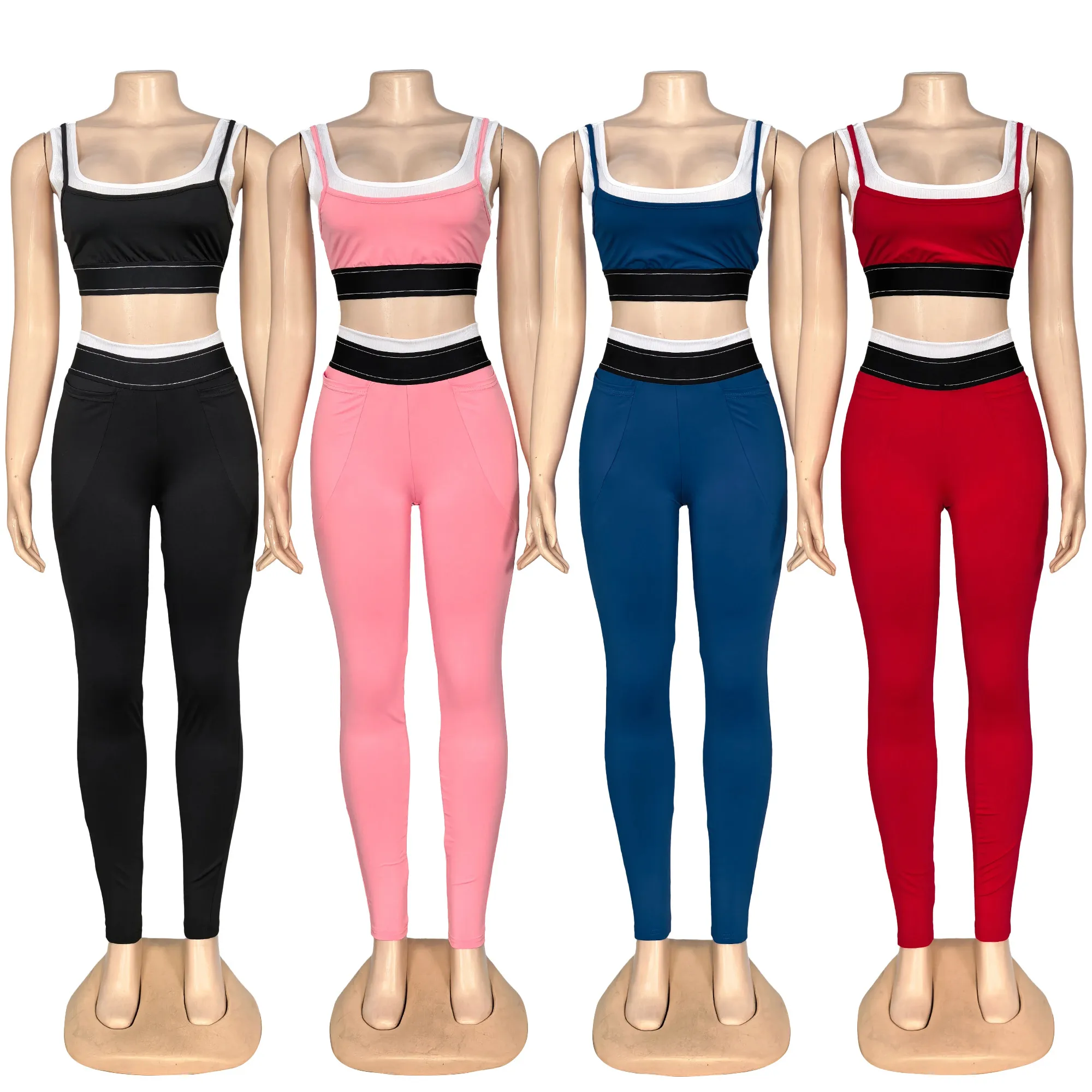 Q6357  New fashion stitching ladies' sports vest with double waist and high waist and hip-lifting trousers set