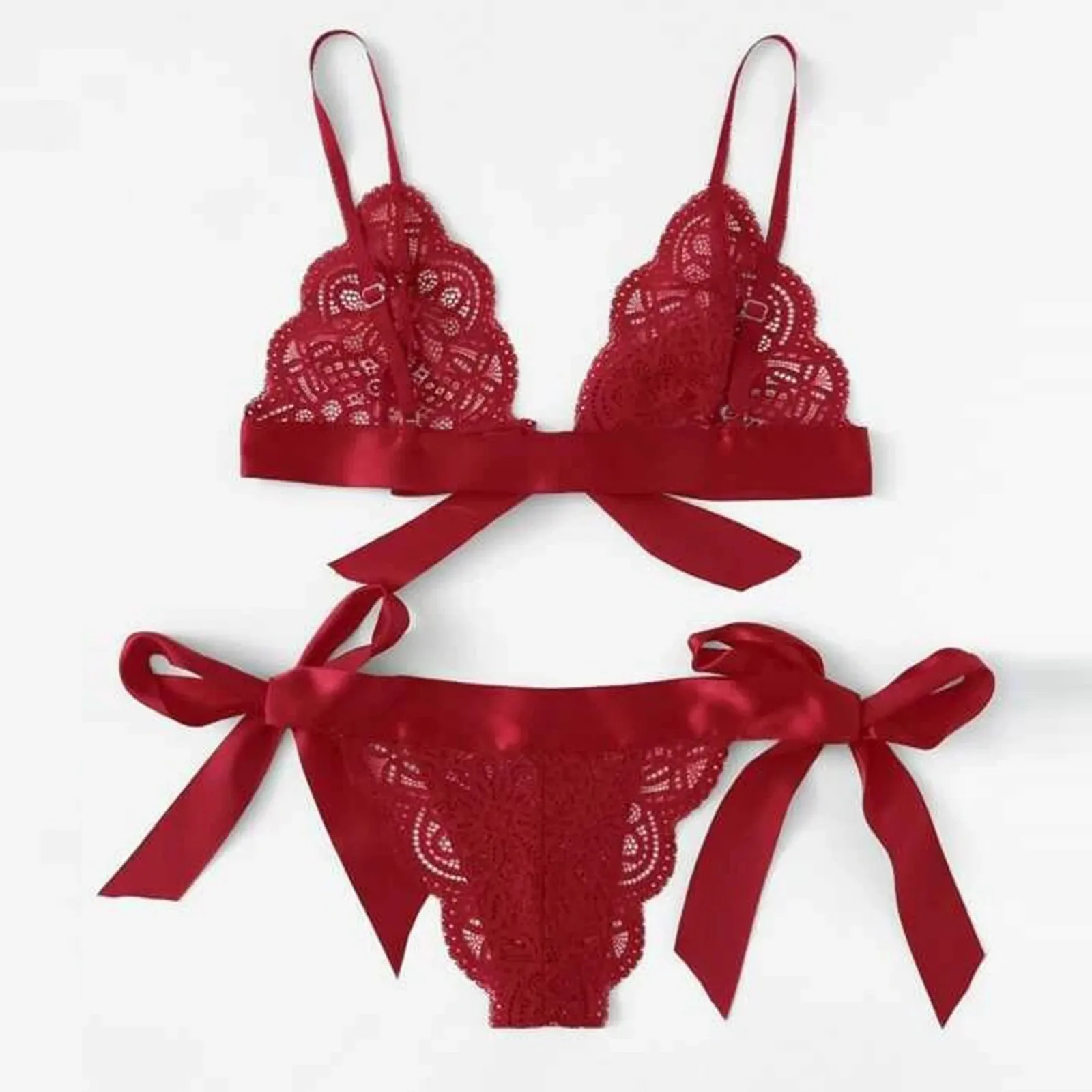 Sexy Split-cut Lace Bikini Fashion Strapping Three-point Bowknot Bralette Lingerie Underwear Women Embroidered Transparent Bra