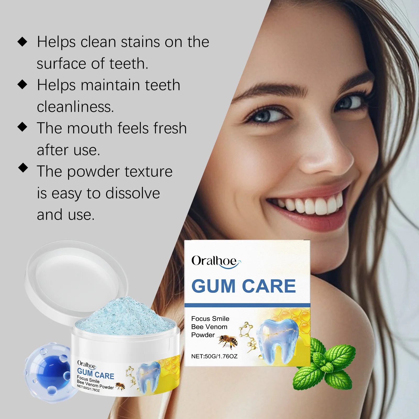 Bee Venom Teeth Whiten Powder Natural Stain Remover Fresh Breath Oral Care Deep Clean Yellow Tooth Plaque Removal Dental Powder