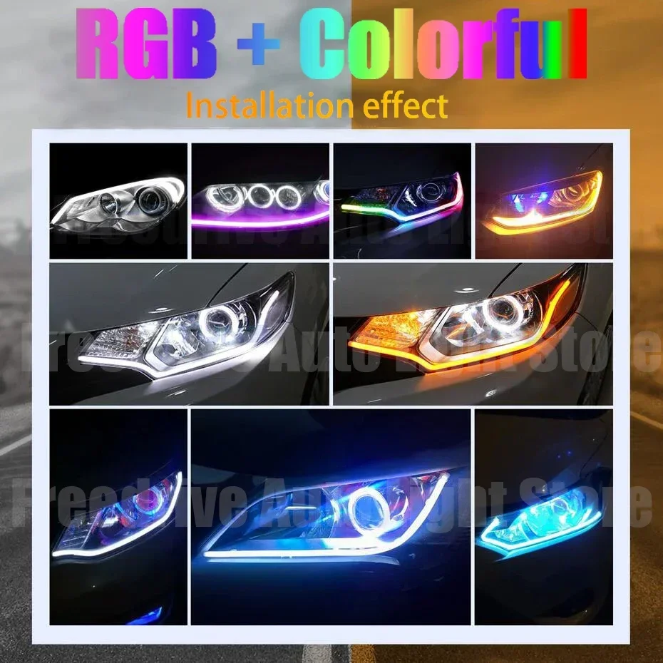 1Set RGB Car LED Daytime Running Lights Remote Control/APP 12V Flexible Auto Headlight Strips DRL Flowing Turn Signal Lamps 60cm