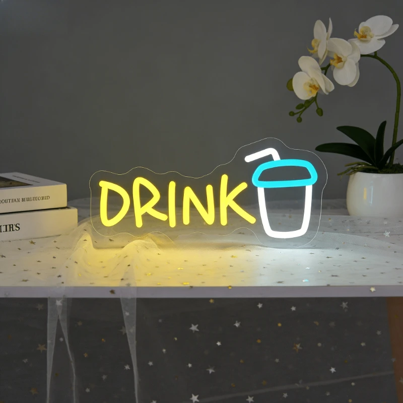 

Неоновая вывеска DRINK с изображением чашки, светодиодная неоновая лампа с USB-питанием и регулировкой яркости для бара, паба, мужской комнаты, кофейни, таверны, игровой комнаты, декор для стен, подарок
