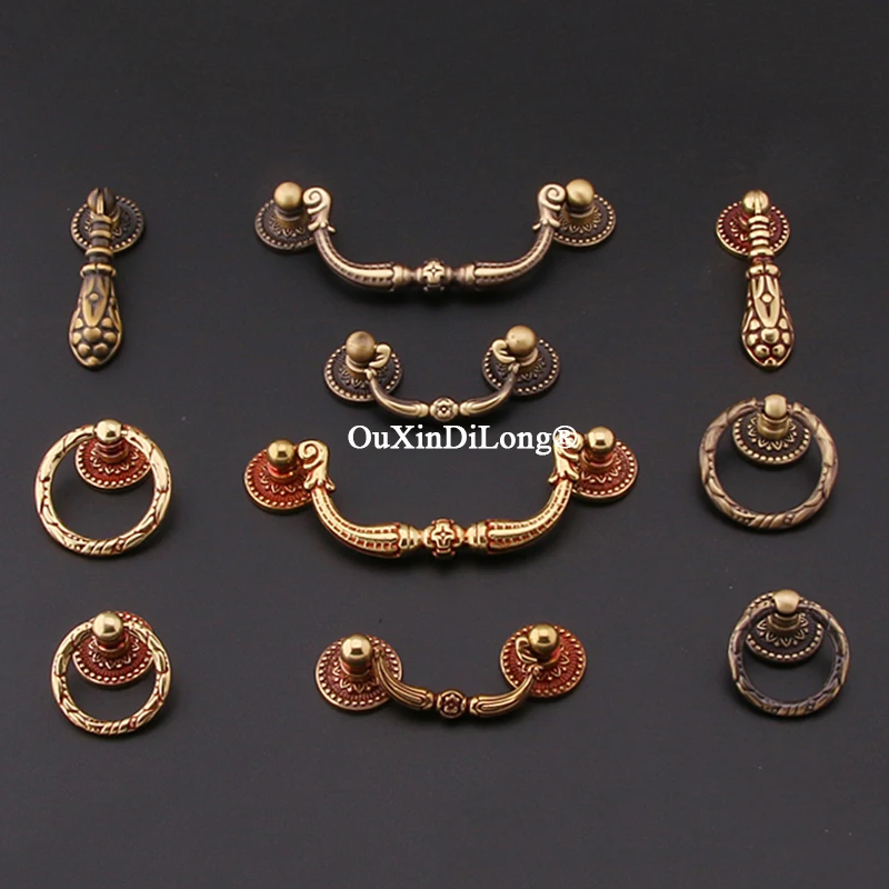 Retro 4PCS Solid Brass Antique Furniture Pulls Handles Drawer Pulls Rings Cupboard Wardrobe Closet TV Wine Cabinet Pulls Rings