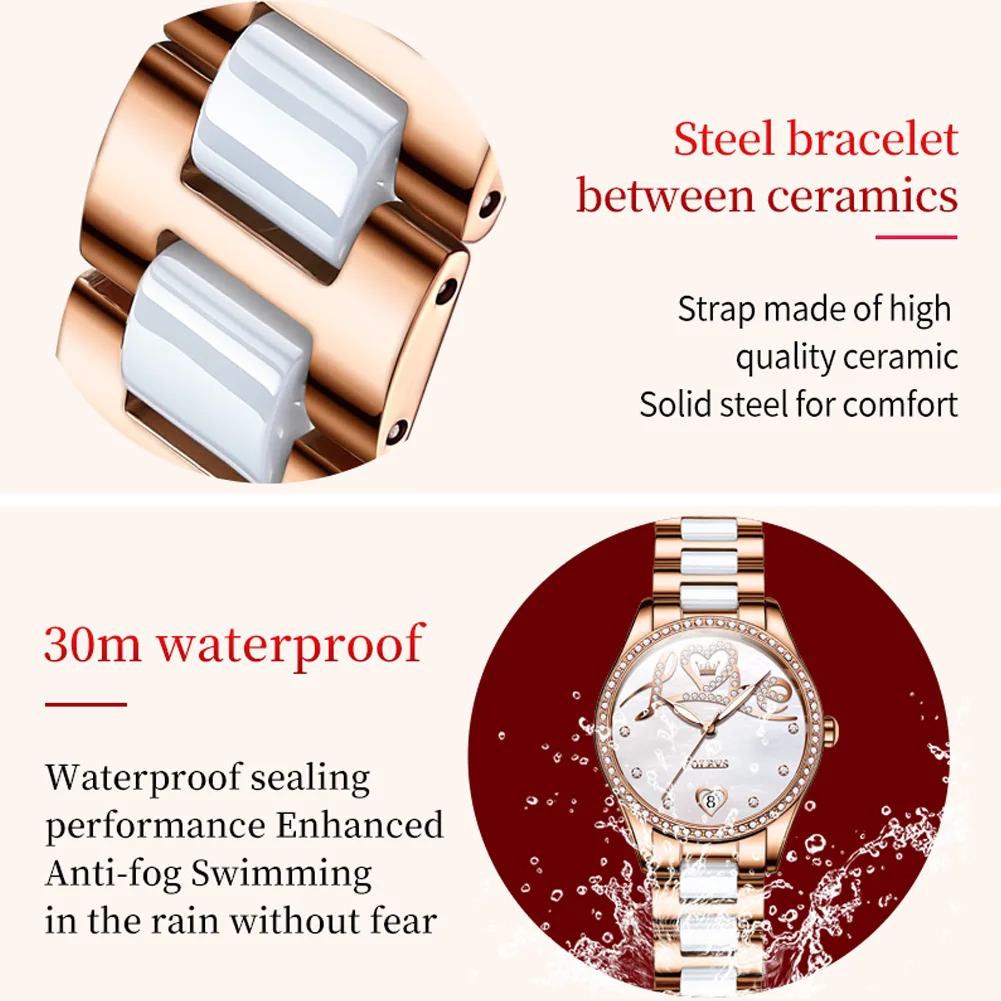 OLEVS 6686 Automatic Mechanical Watch for Women Diamond  “Love” Dial Ceramics Watchband Elegant Ladies Watch Luxury Gift Set