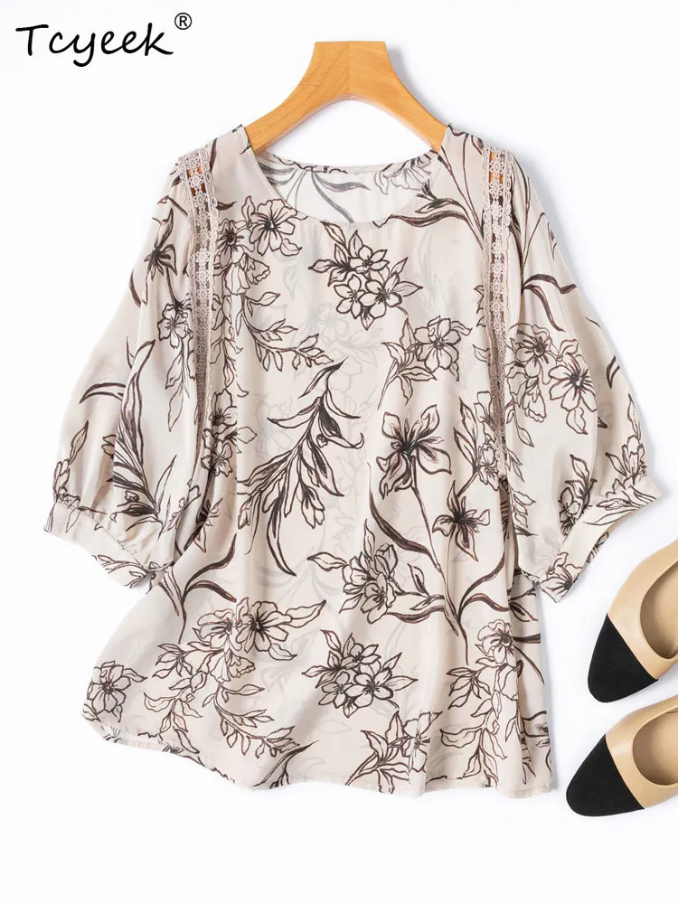 

Tcyeek 100% Real Mulberry Silk Blouse Elegant Blouses for Women Summer Clothes Print Fashion Ladies Tops O-neck Футболка Женская