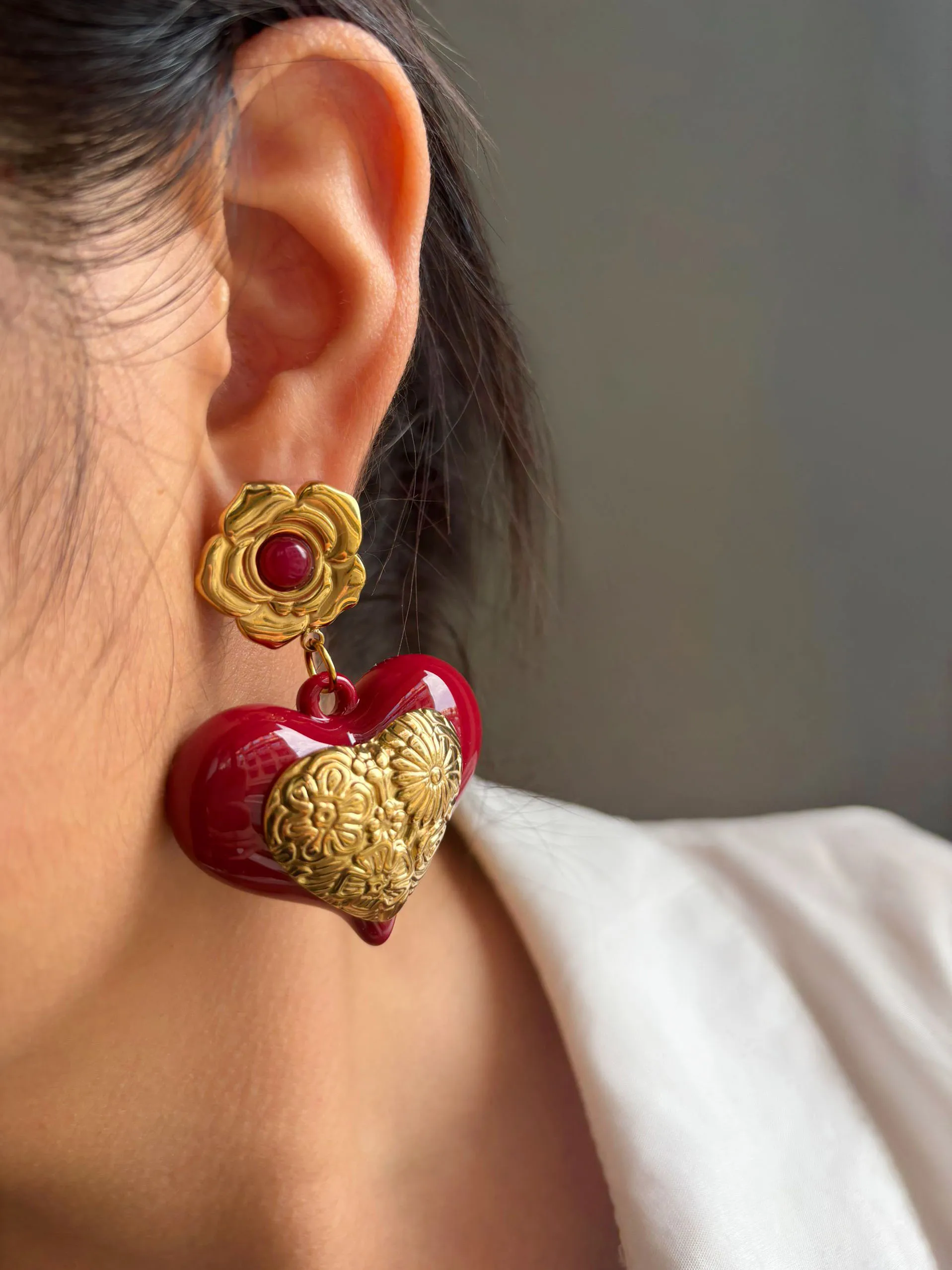 GHIDBK جديد خمر مبالغ فيه الأحمر الراتنج القلب مكتنزة إسقاط أقراط للنساء الفتيات العصرية الفولاذ المقاوم للصدأ مجوهرات حفلات الزفاف