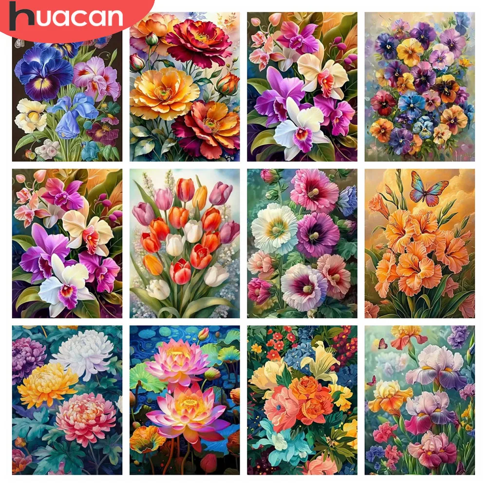 HUACAN Full Square Round Diamond Mosaic Flower Orchid Diamond Painting Kits Iris Floral Rhinestones Pictures Home Decor