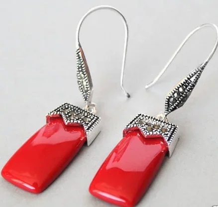 hot sell new - wb003 SILVER RED CORAL MARCASITE DANGLE EARRINGS