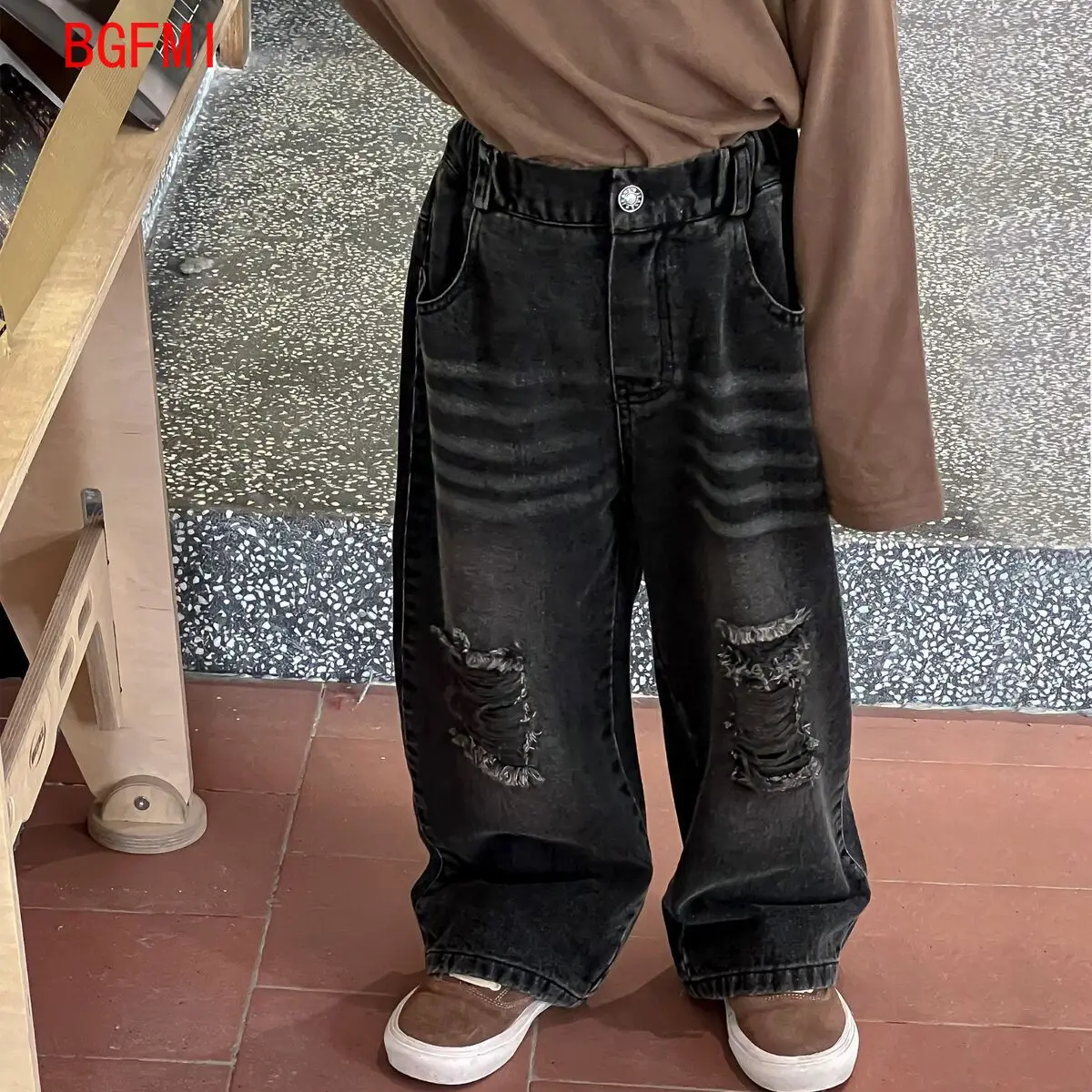 2-9Y Girl Boys Loose Casual Jeans Spring and Autumn New Children\'s Vintage Hole Long Pants Kids Boys Black Straight Leg Trousers