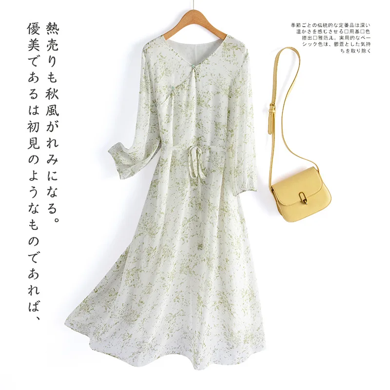 

Chinese Style Mulberry Silk Dress, Printed V-Neck Silk Dress, Five-Quarter Sleeve, Summer Fashion, New Arrival, D41601